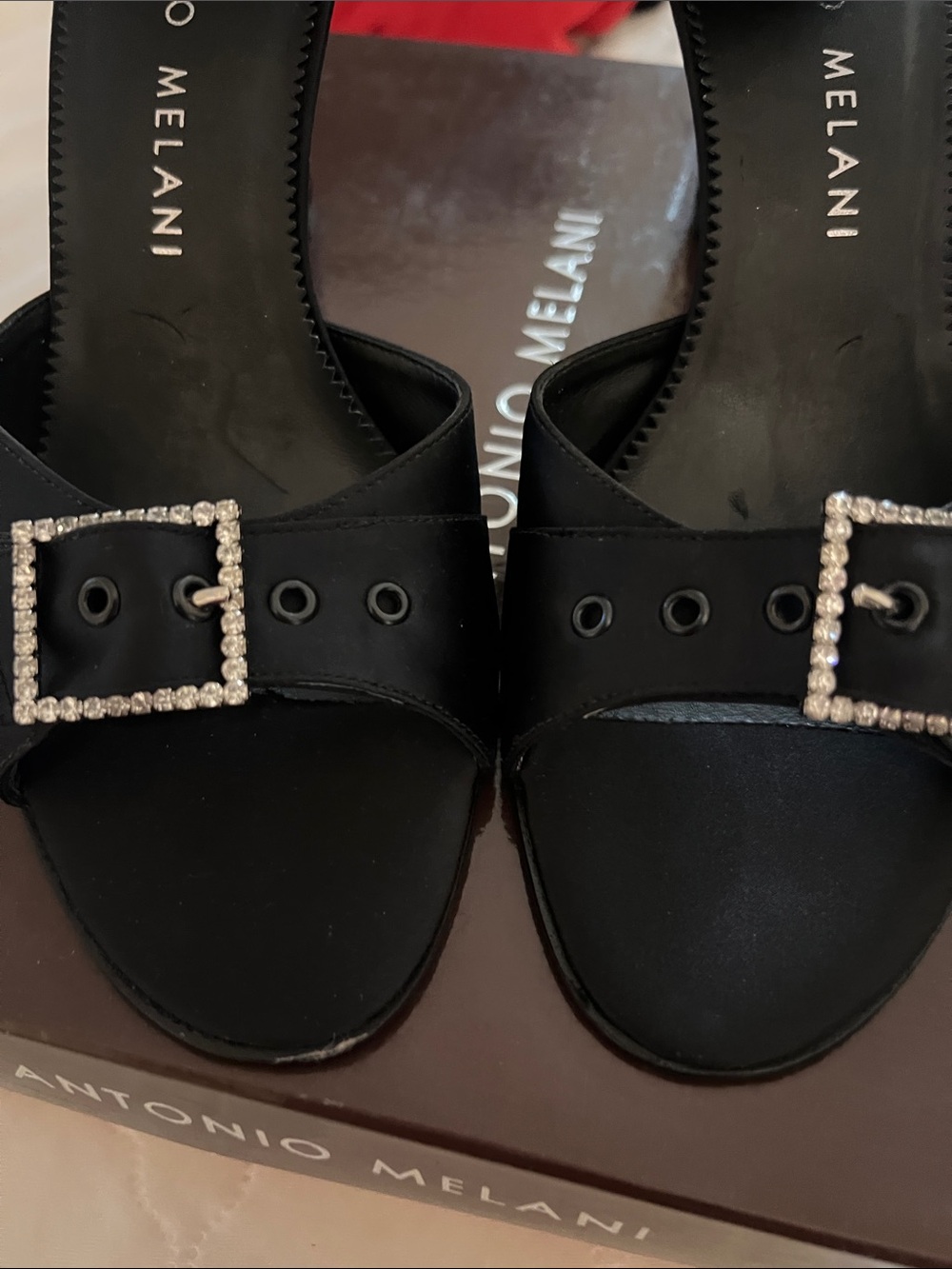 ANTONIO MELANI Black Satin Slide Sandals with Crystal Buckle